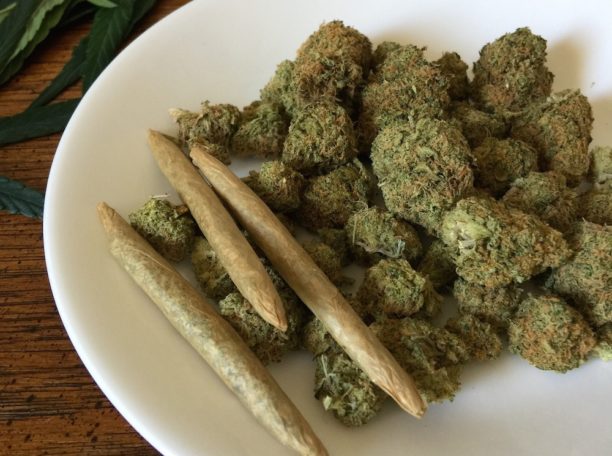 photo of a bowl with medical cannabis flowers and three well-rolled joints